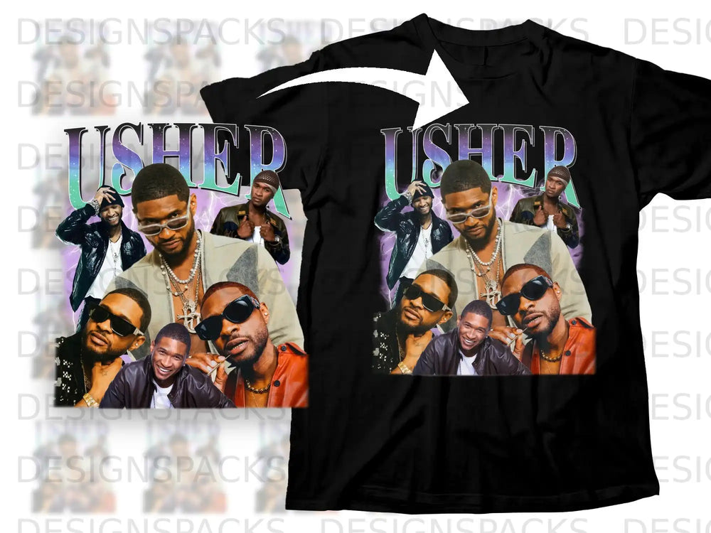 T-shirt featuring a collage of Usher photos with the name "Usher" in large text.