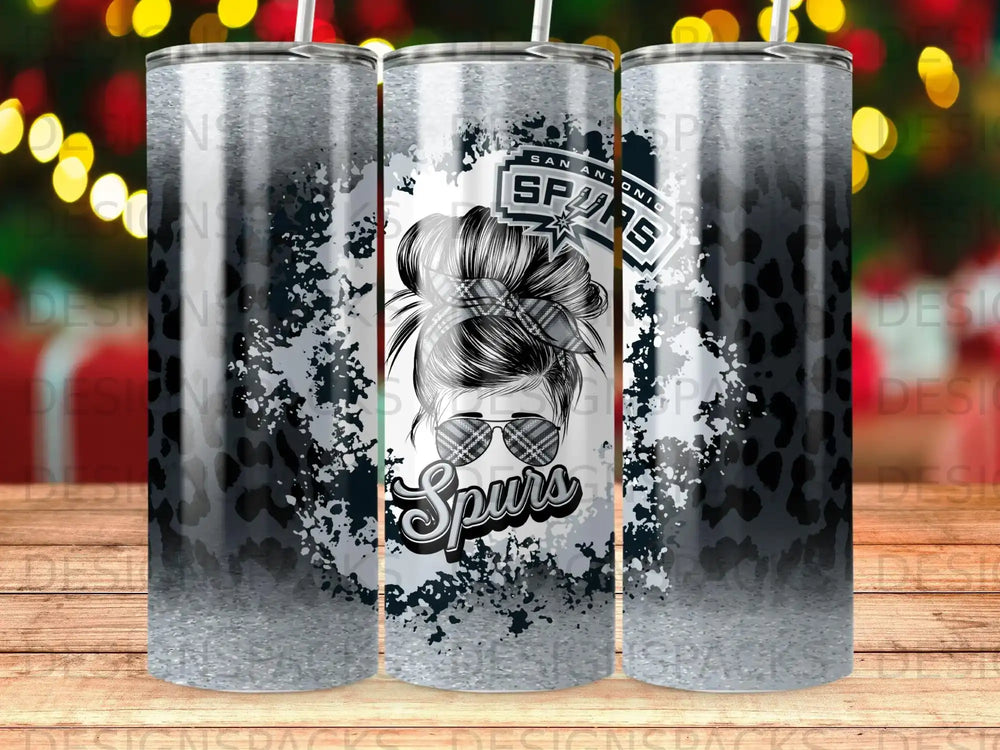San Antonio Spurs logo with messy bun and sunglasses on a distressed background.