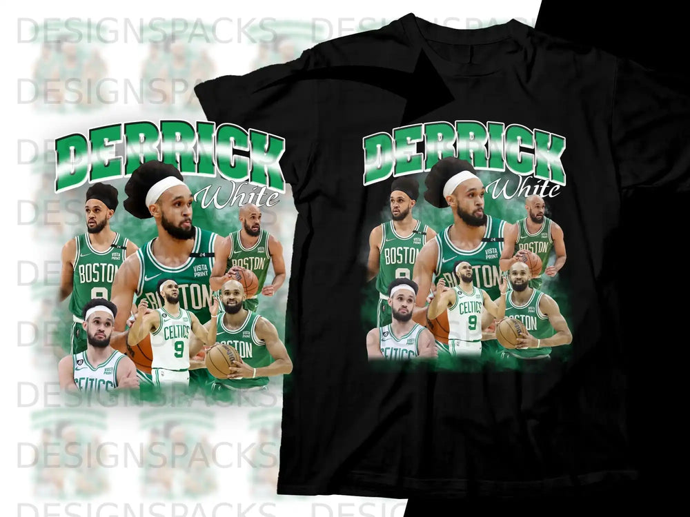 Black t-shirt featuring Derrick White with "DERRICK WHITE 24" and Celtics logos.