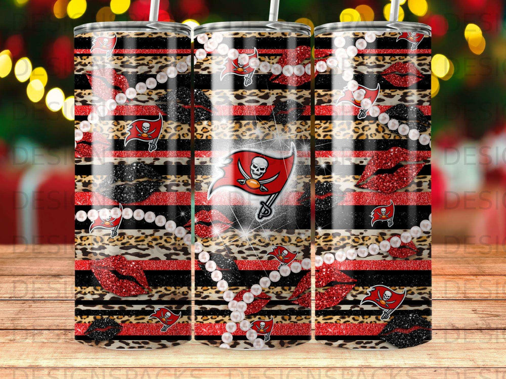 Tampa Bay Buccaneers tumbler with leopard print, lips, and pearls.