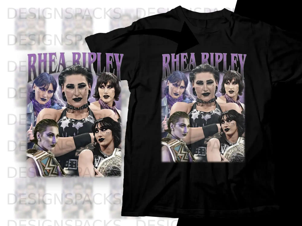 Rhea Ripley collage t-shirt design with WWE championship belts.