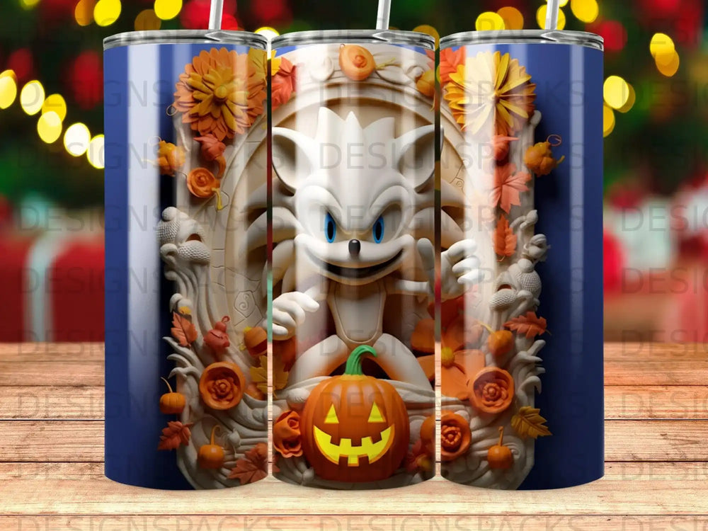 Sonic the Hedgehog with pumpkins and fall leaves on a blue tumbler.