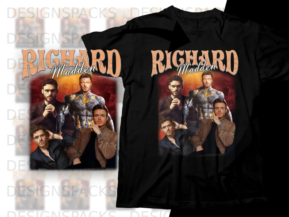 Richard Madden on black t-shirt with distressed font and graphic.