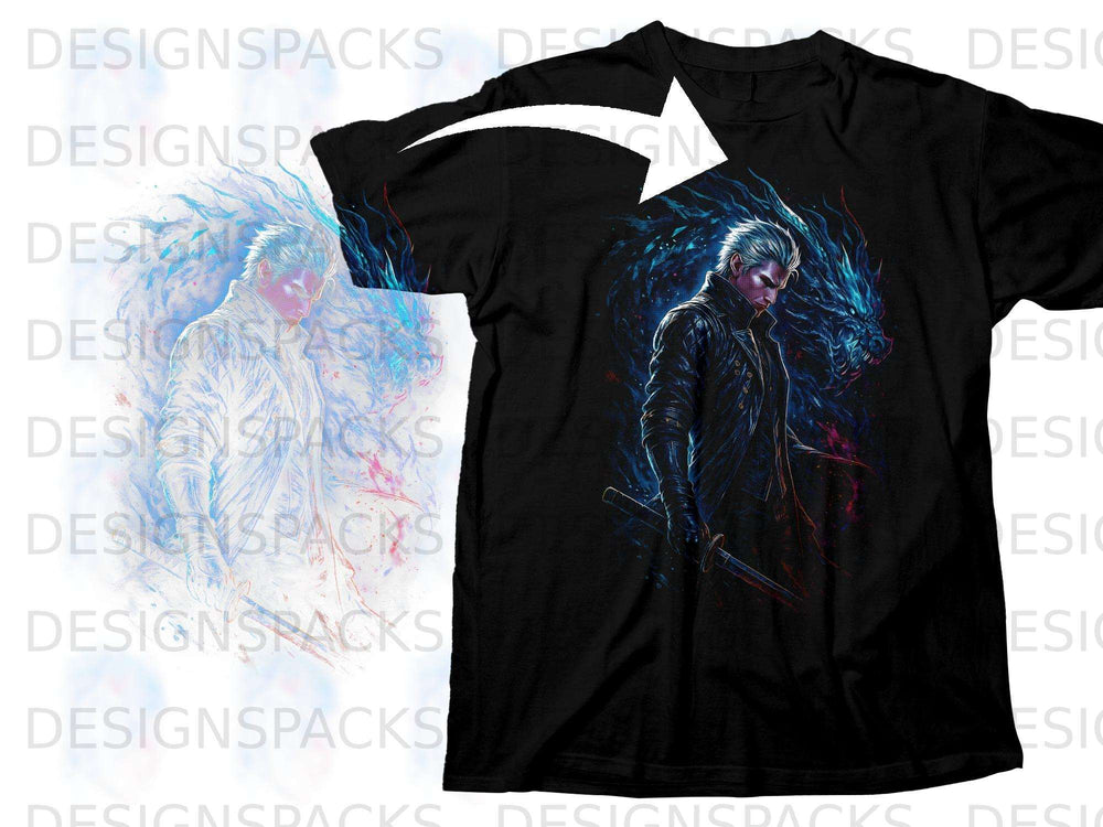 Black t-shirt with a digital illustration of a man with white hair and a blue dragon.