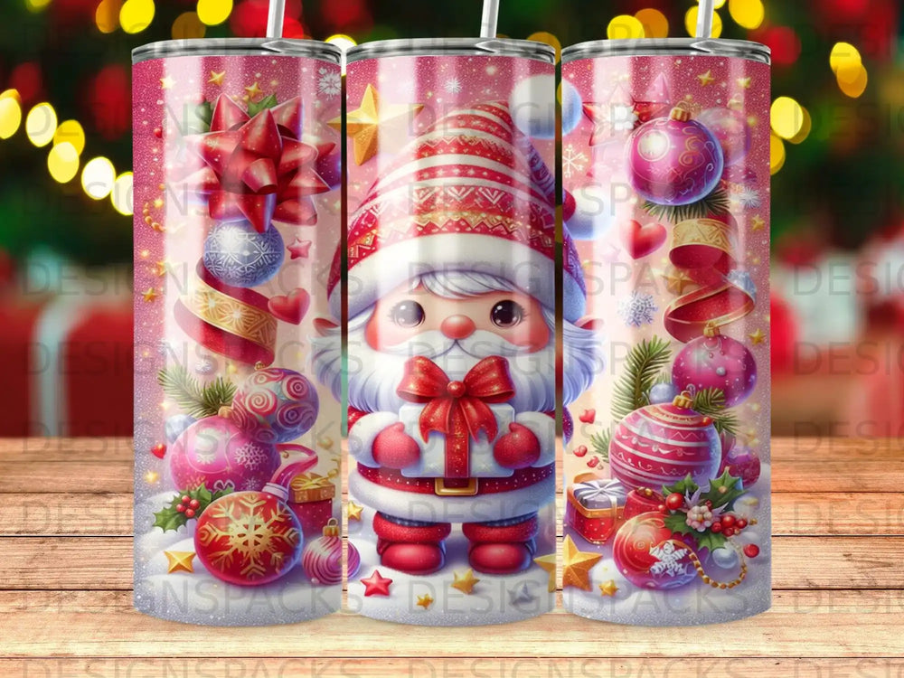 Christmas gnome with gifts and ornaments, festive red and white pattern.