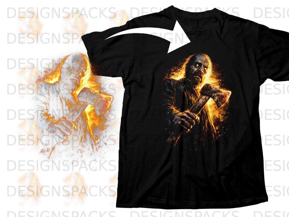 Black t-shirt featuring a dark, fiery illustration of a zombie holding an axe.