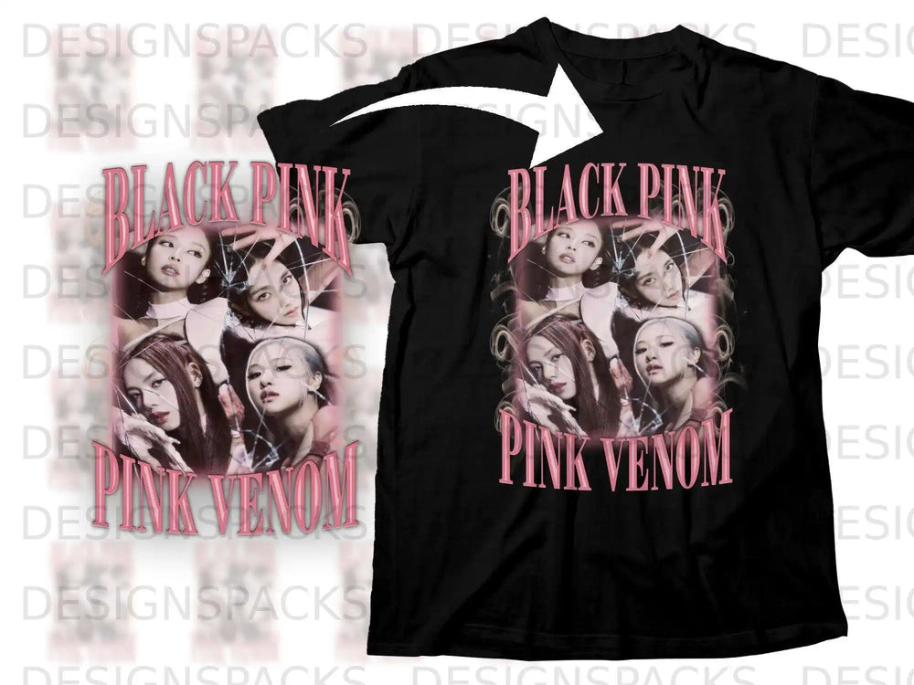 Black t-shirt featuring the K-pop group BLACKPINK and "PINK VENOM" text.