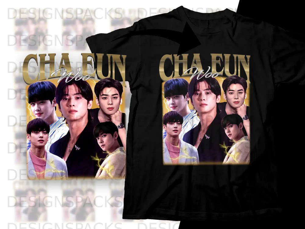 Cha Eun Woo collage on black t-shirt.
