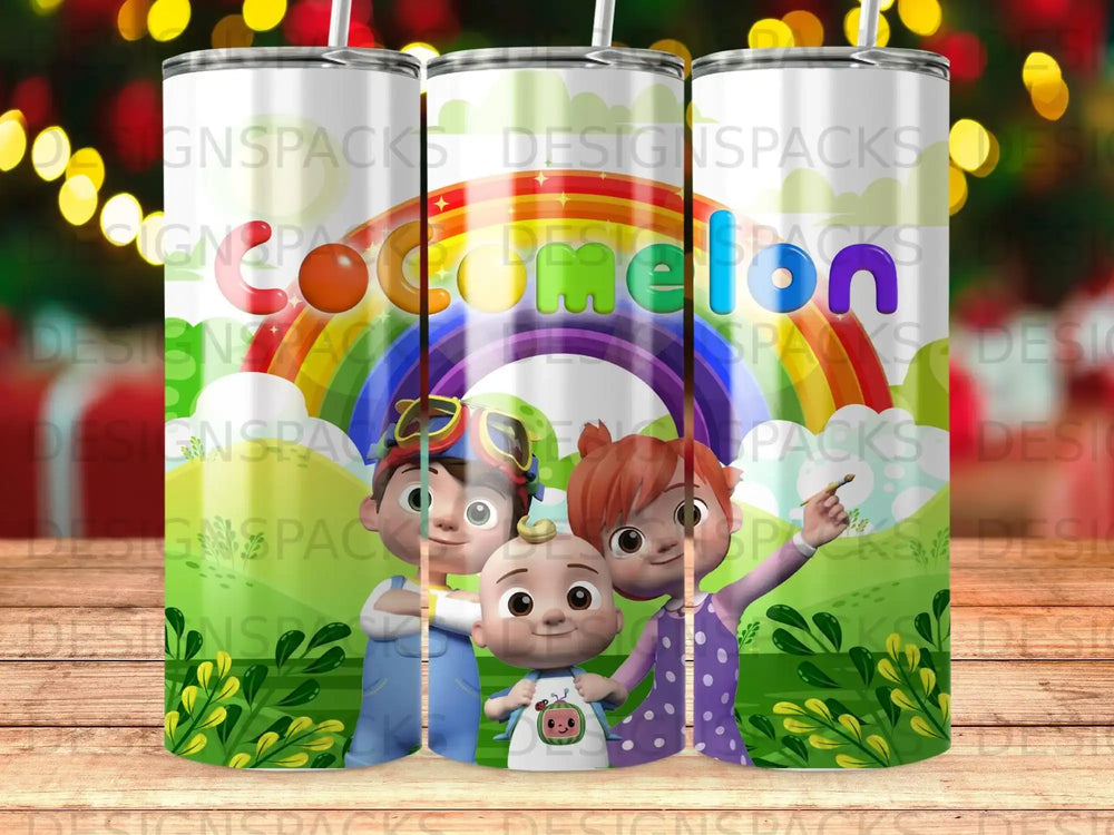 Cocomelon characters J.J., TomTom, and YoYo on a rainbow background.