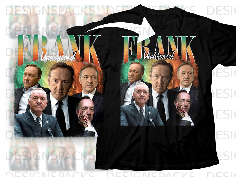 Frank Underwood faces on a black t-shirt with lightning and text.