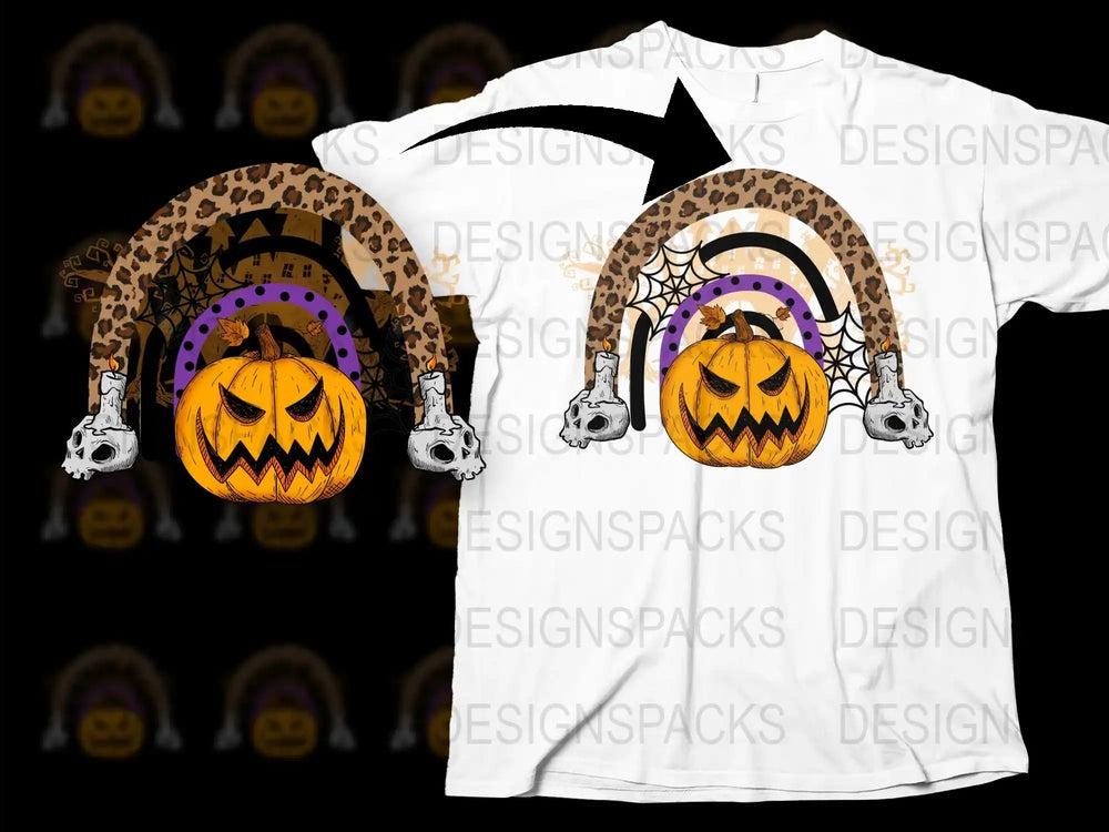 Halloween Pumpkin T-Shirt with Skull and Leopard Print, Spooky Graphic Tee, Unisex Adult Fall Fashion, Unique Holiday Apparel