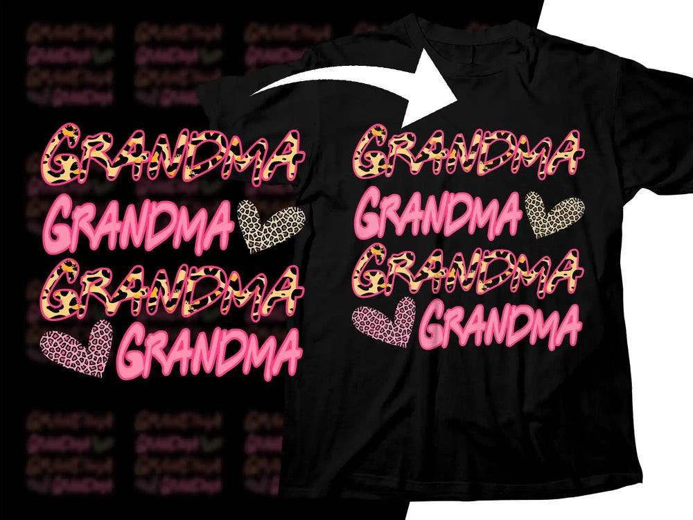 Black t-shirt with 'Grandma' in pink and leopard print, heart accents, print-ready design