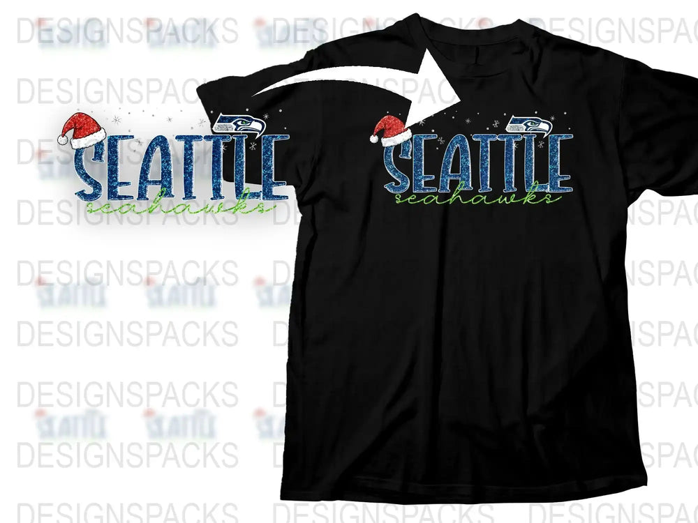 Seattle Seahawks Christmas T-Shirt, Holiday Santa Hat Graphic Tee, Festive Football Apparel, Fan Gift