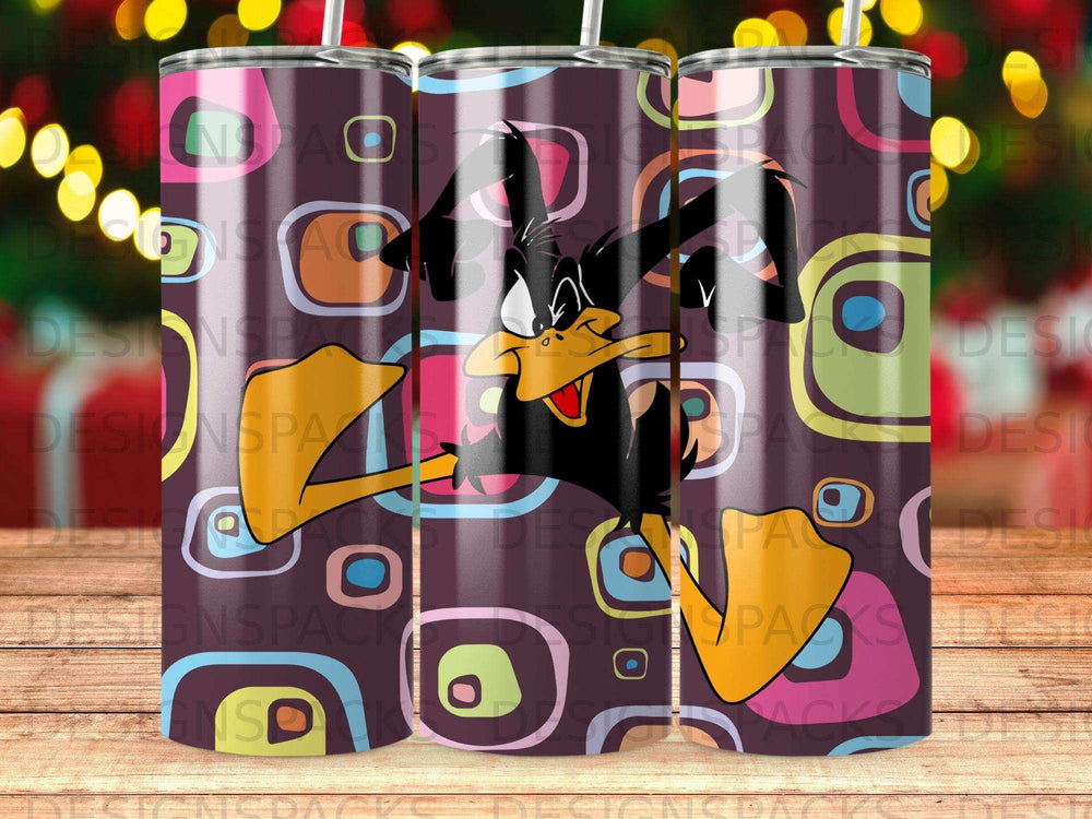 Daffy Duck character in a vibrant retro geometric pattern on a tumbler.