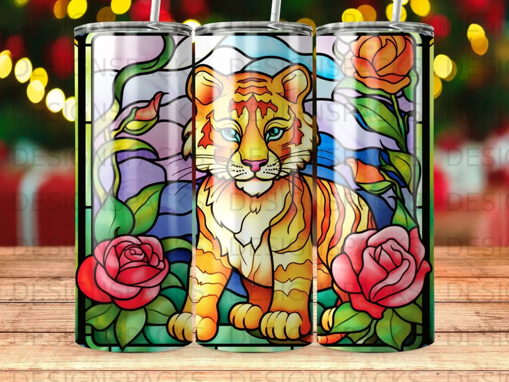 Stained glass tiger with roses design on a tumbler.