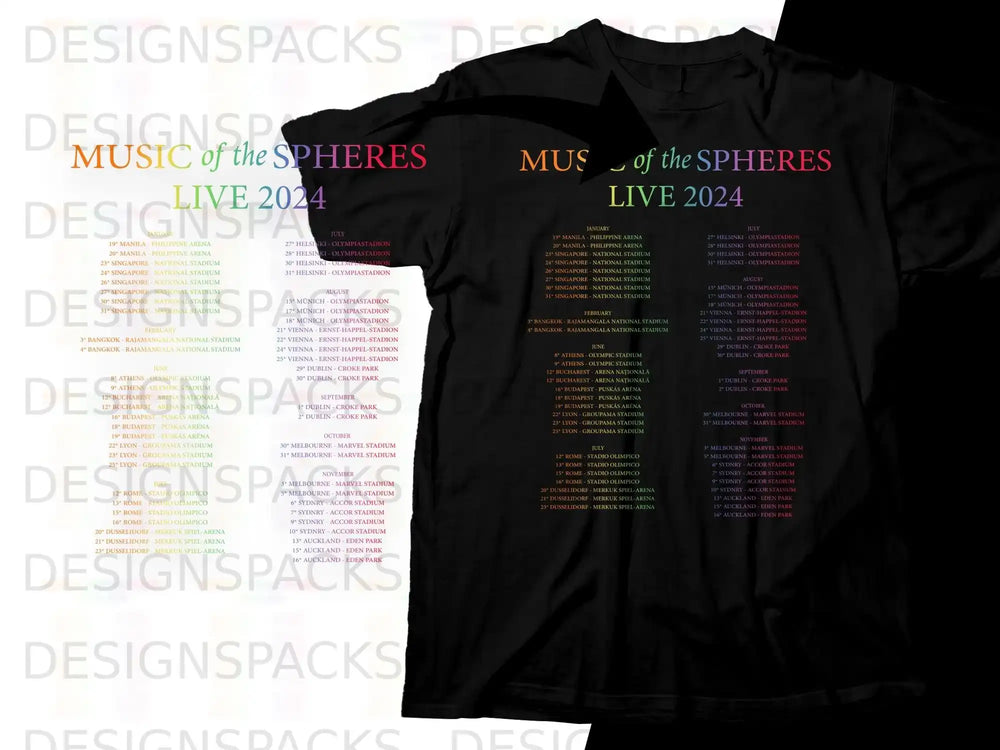 "Music of the Spheres" Live 2024 tour dates and locations on t-shirts.