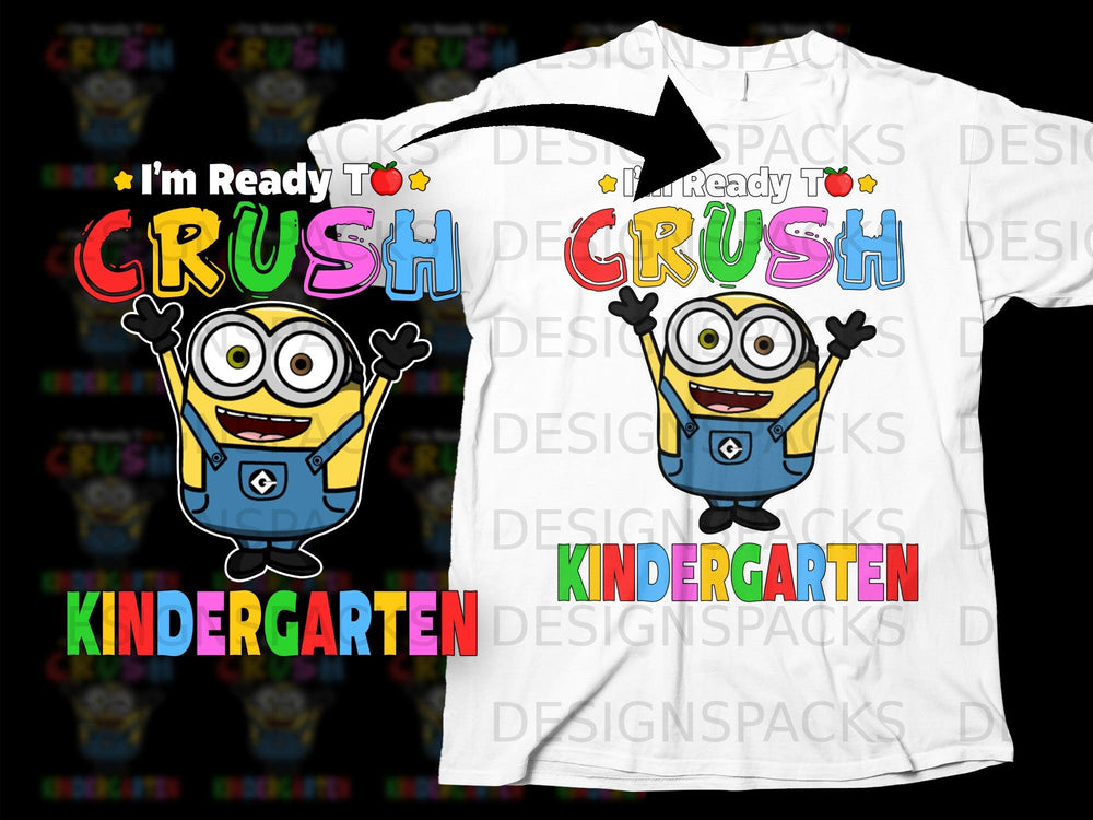 Minion character with "I'm Ready To Crush Kindergarten" text on a white t-shirt.