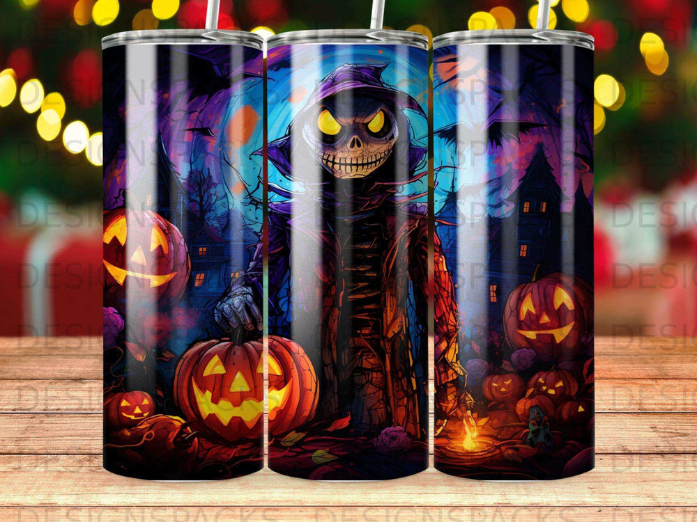 Scarecrow character with pumpkins in a spooky Halloween scene.