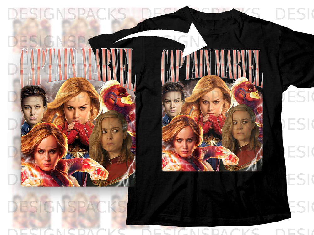 Captain Marvel montage featuring Brie Larson in character with lightning effects and logo.