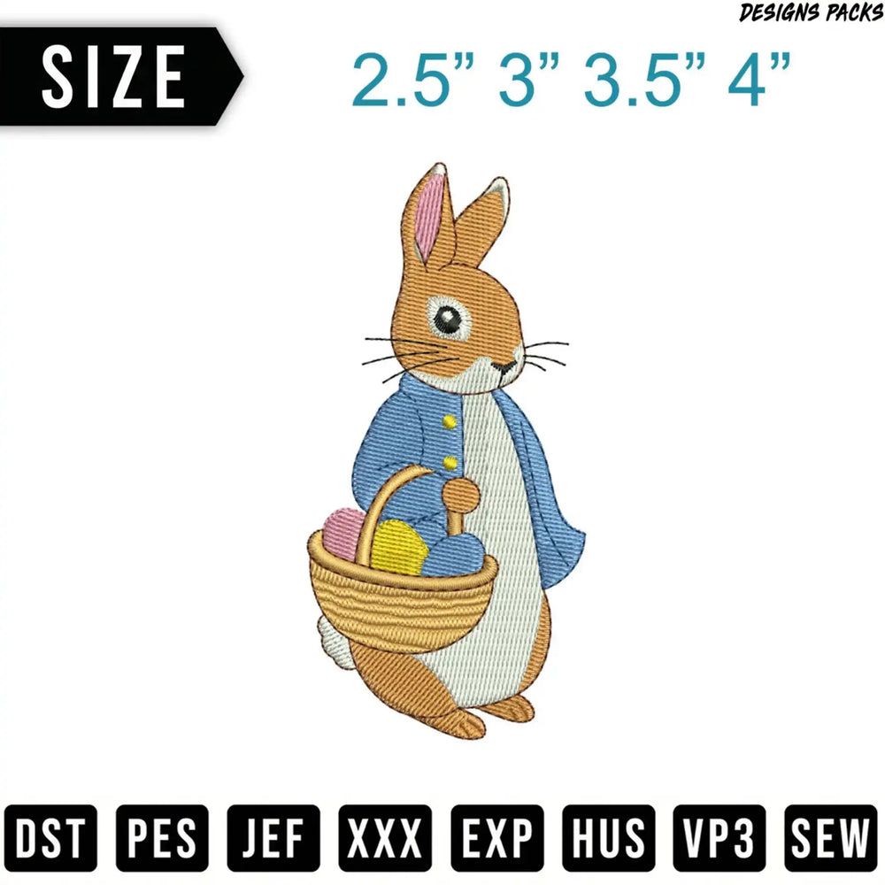 Embroidered bunny with basket and eggs, available in multiple sizes.