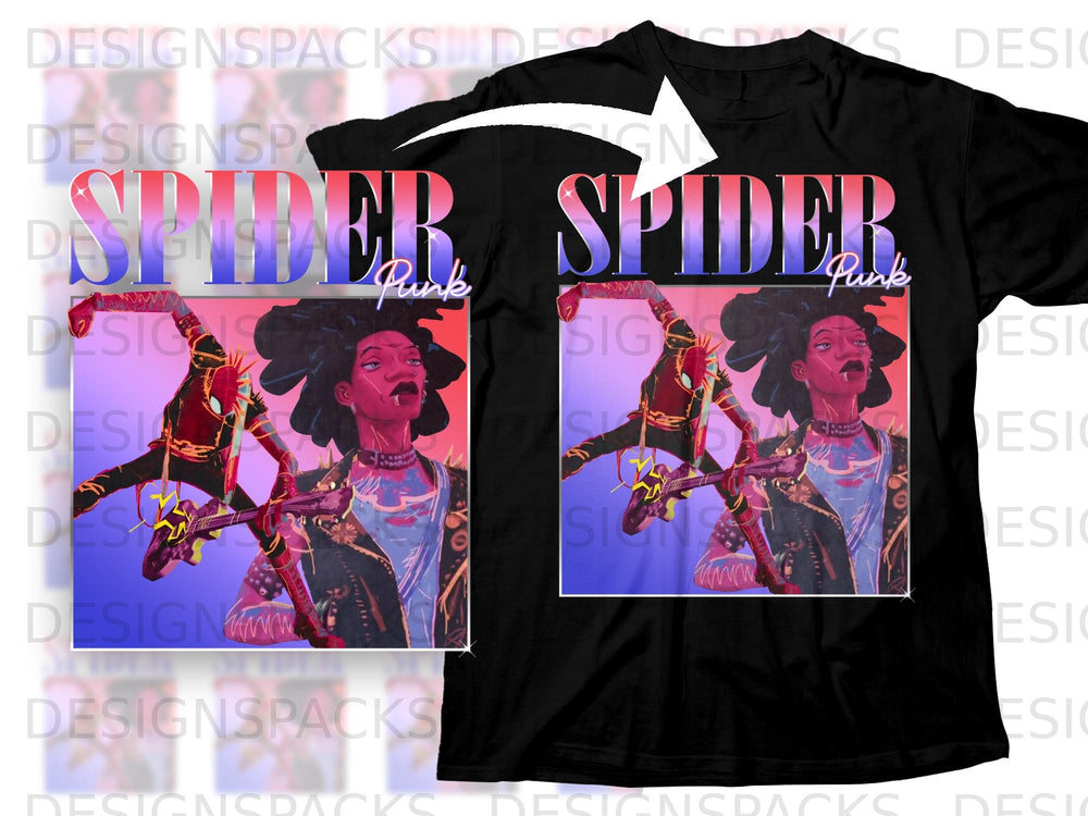 Black t-shirt with "SPIDER Punk" text and two illustrations of a punk-inspired character.