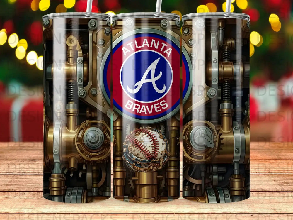 Atlanta Braves logo on a steampunk-themed tumbler.