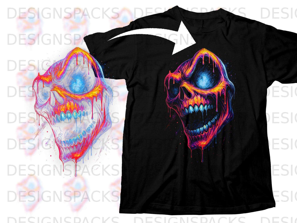Black t-shirt with a vibrant, melting skull graphic featuring neon colors.