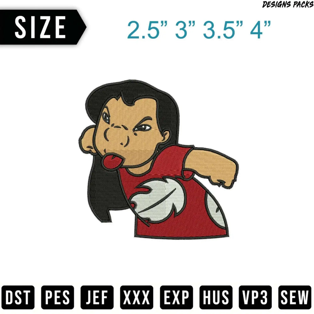 Stitch character embroidery design with size options 2.5" to 4".