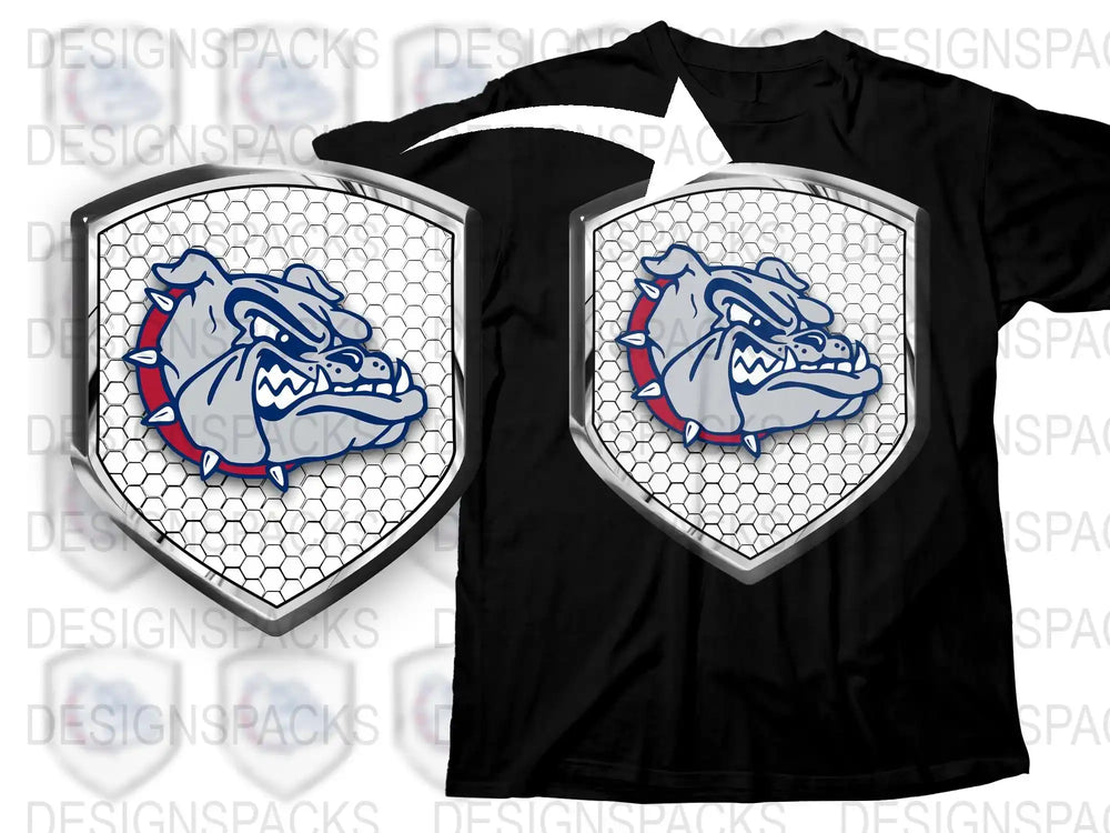 Bulldog Graphic T-Shirt, Black Cotton Tee with Blue and White Crest Design, Men's Casual Sportswear