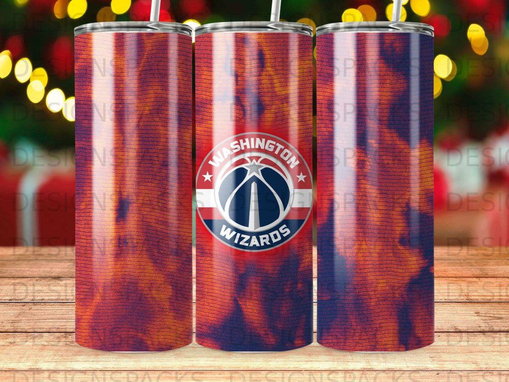 Washington Wizards logo on a tie-dye tumbler with a red and orange pattern.