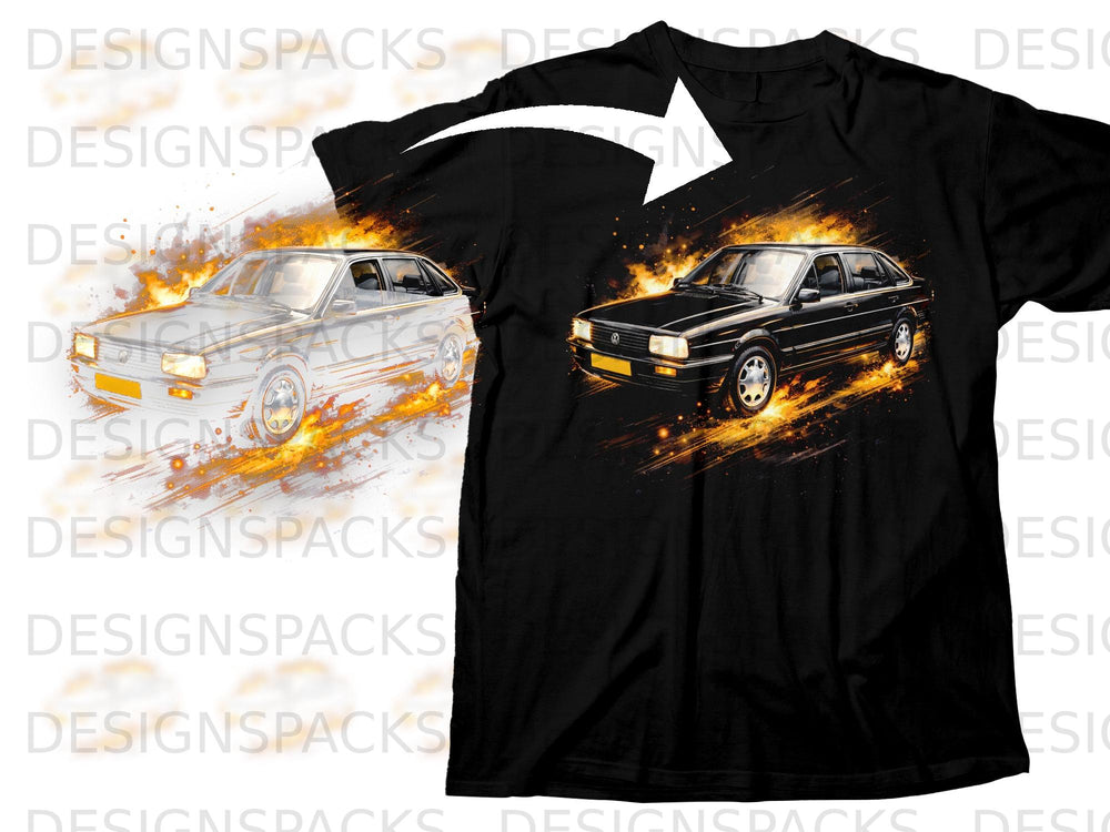 Black t-shirt with graphic of a vintage car engulfed in flames.