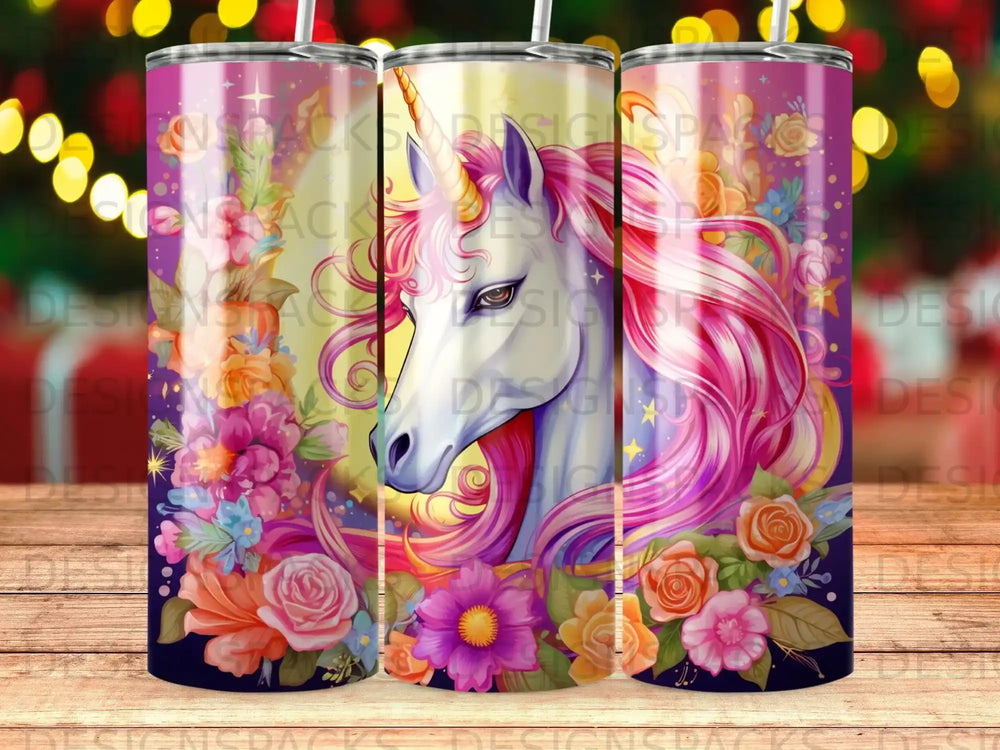 Unicorn with rainbow mane and floral accents on a colorful background.