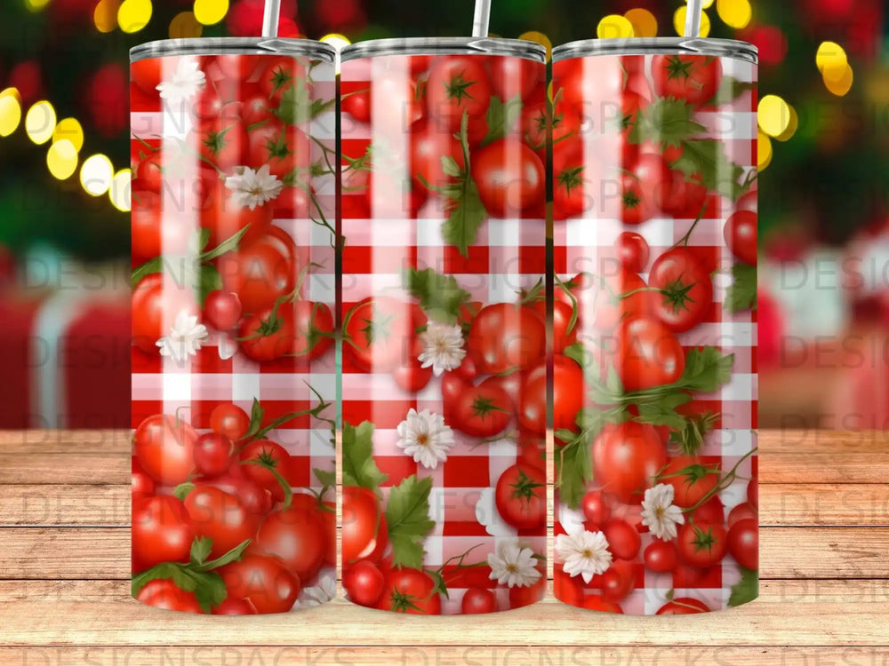 Red and white gingham pattern with fresh tomatoes and white flowers.
