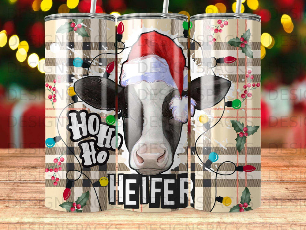 Cow wearing Santa hat with "Ho Ho Heifer" text on plaid background.