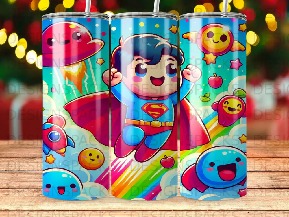 Cute cartoon superhero flying with rainbow and planets.