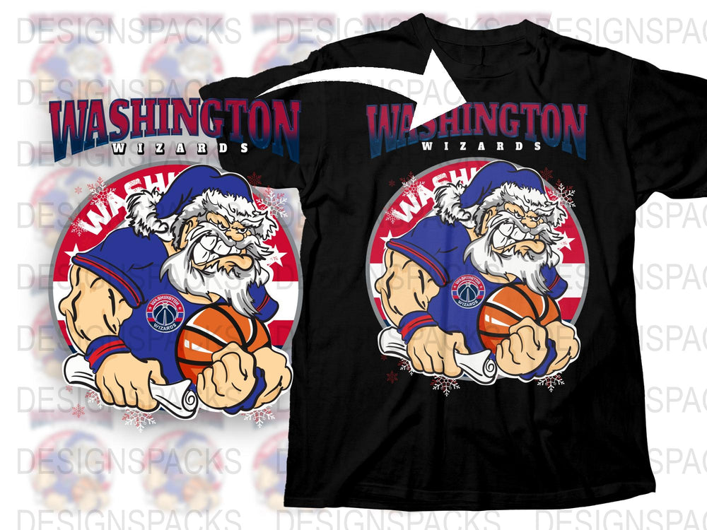 Washington Wizards Themed T-Shirt, Santa Basketball Design, Festive Sports Fan Apparel