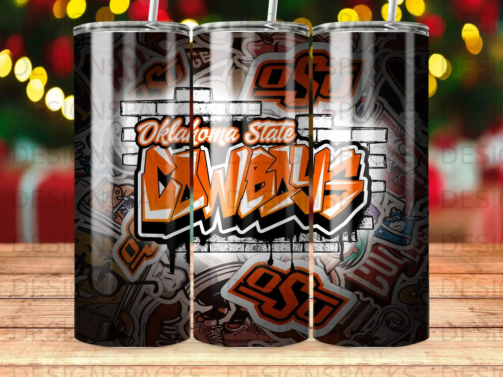 Oklahoma State Cowboys logo with brick and graffiti background.