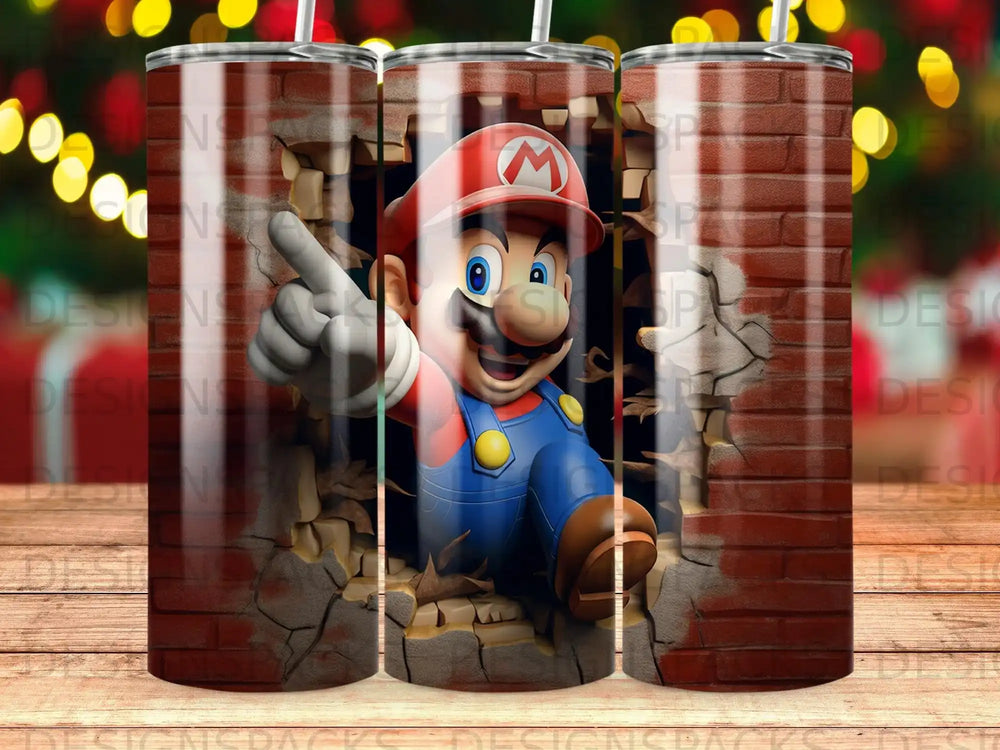 Mario breaking through a brick wall, illustrated.