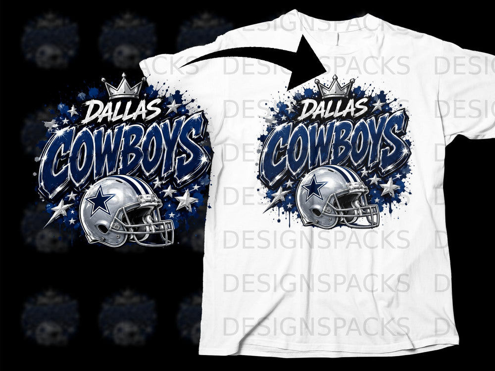 Dallas Cowboys logo with crown and football helmet, surrounded by stars.