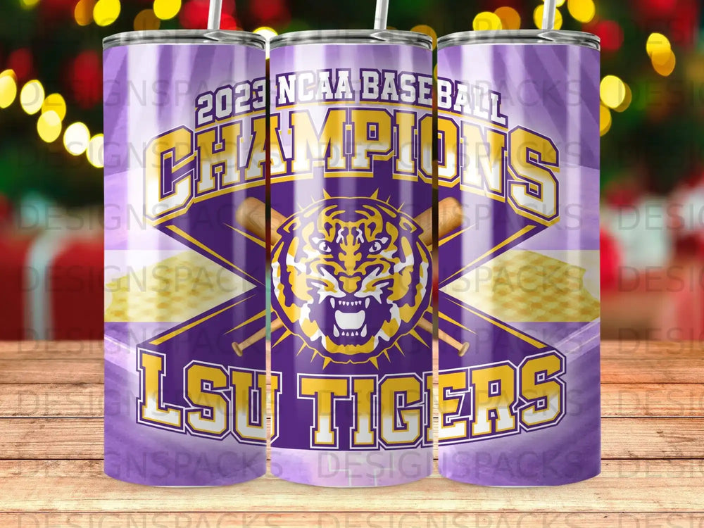 LSU Tigers 2023 NCAA Baseball Champions design on a purple tumbler.