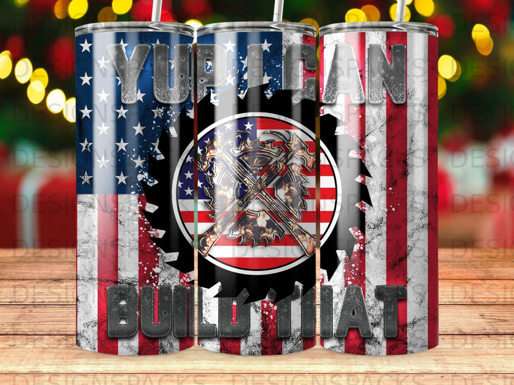 Tumbler with American flag design, "YURICAN BUILT THAT" text, and gear graphic.