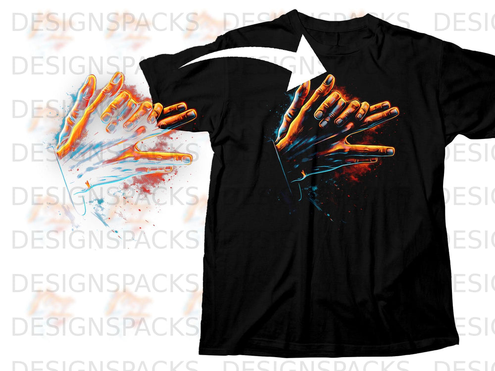 Black t-shirt with colorful abstract hands design and white arrow overlay.