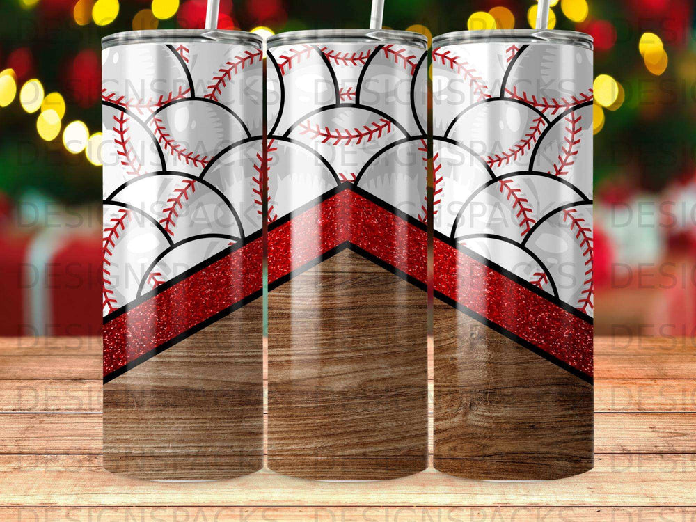 Baseball pattern tumbler with red glitter and wood grain bottom.