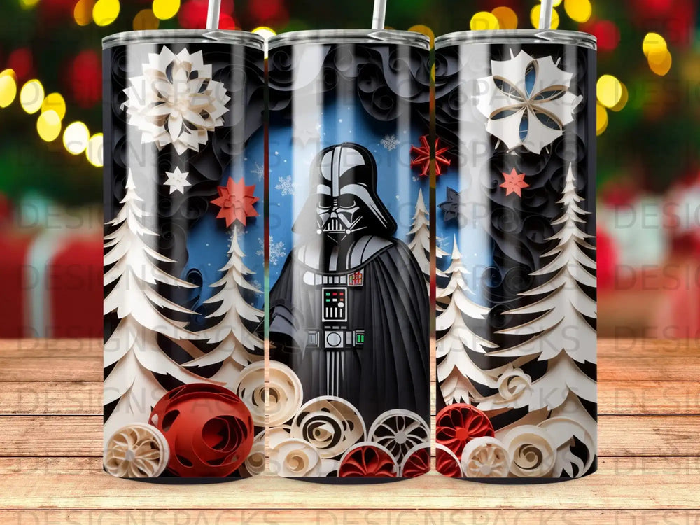 Darth Vader in a snowy forest with red and white paper decorations.