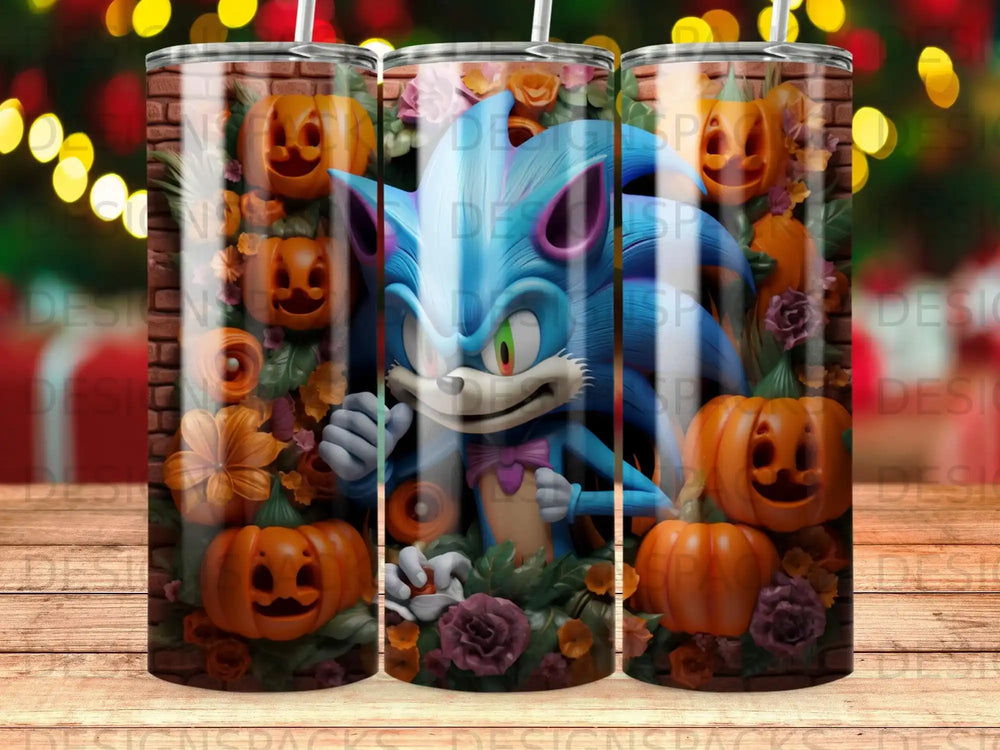 Sonic the Hedgehog surrounded by Halloween pumpkins and floral elements.