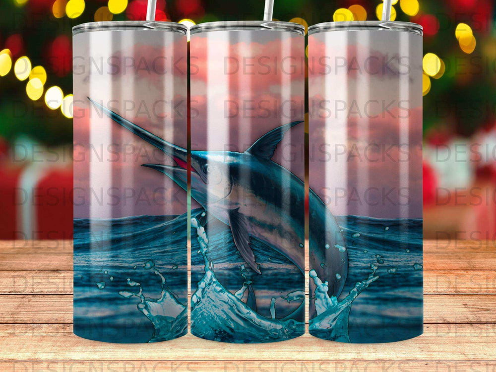 Blue marlin leaping from water with splashes against blurred colorful lights.