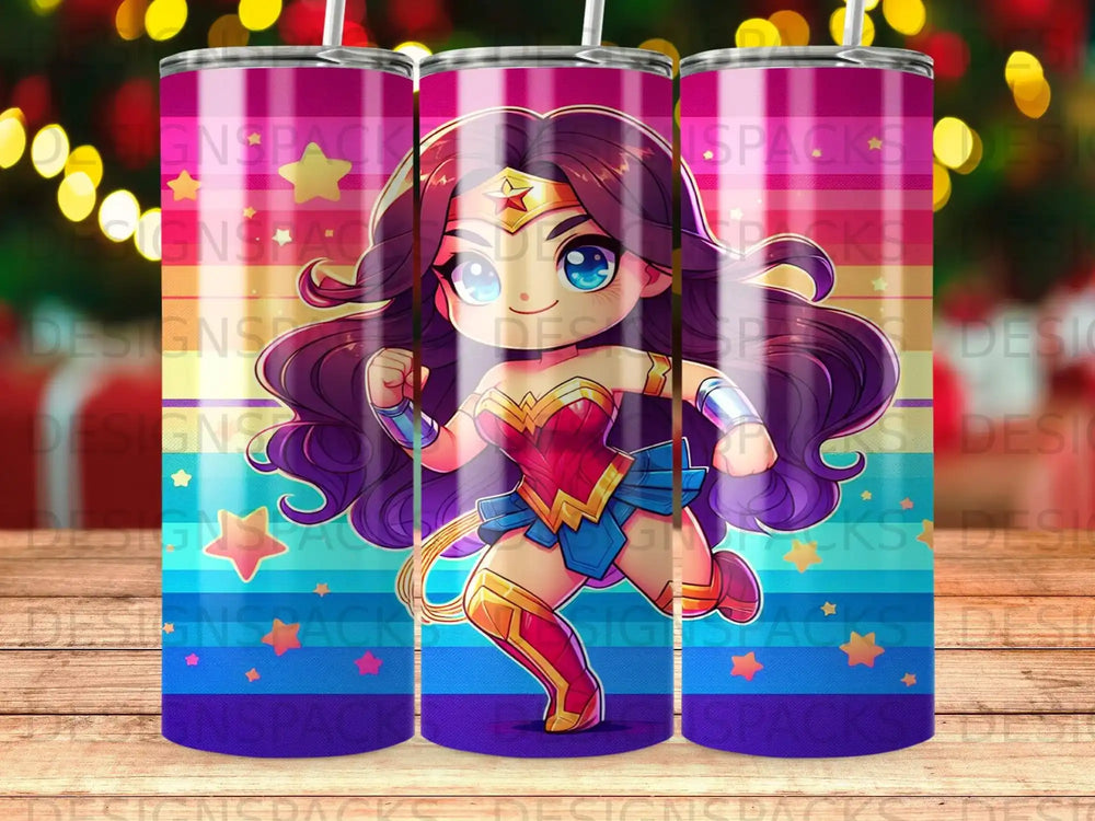 Wonder Woman cartoon illustration running with stars and stripes background.