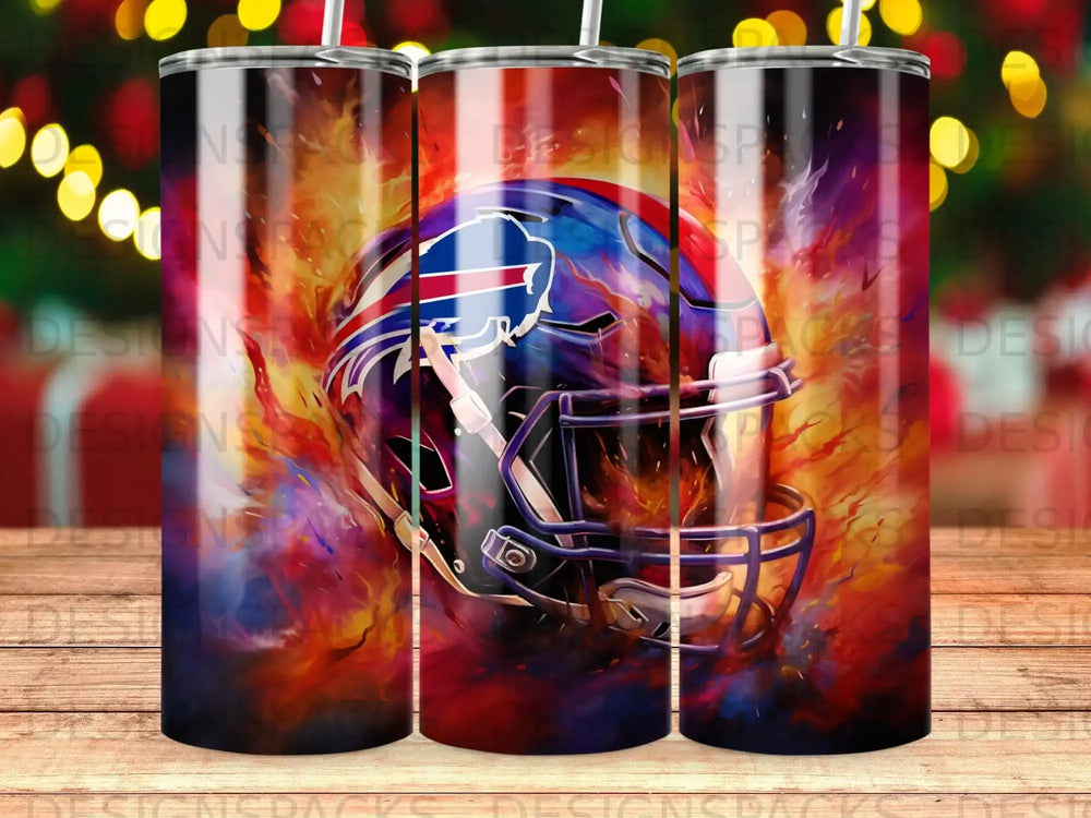Buffalo Bills helmet with fire and smoke design.