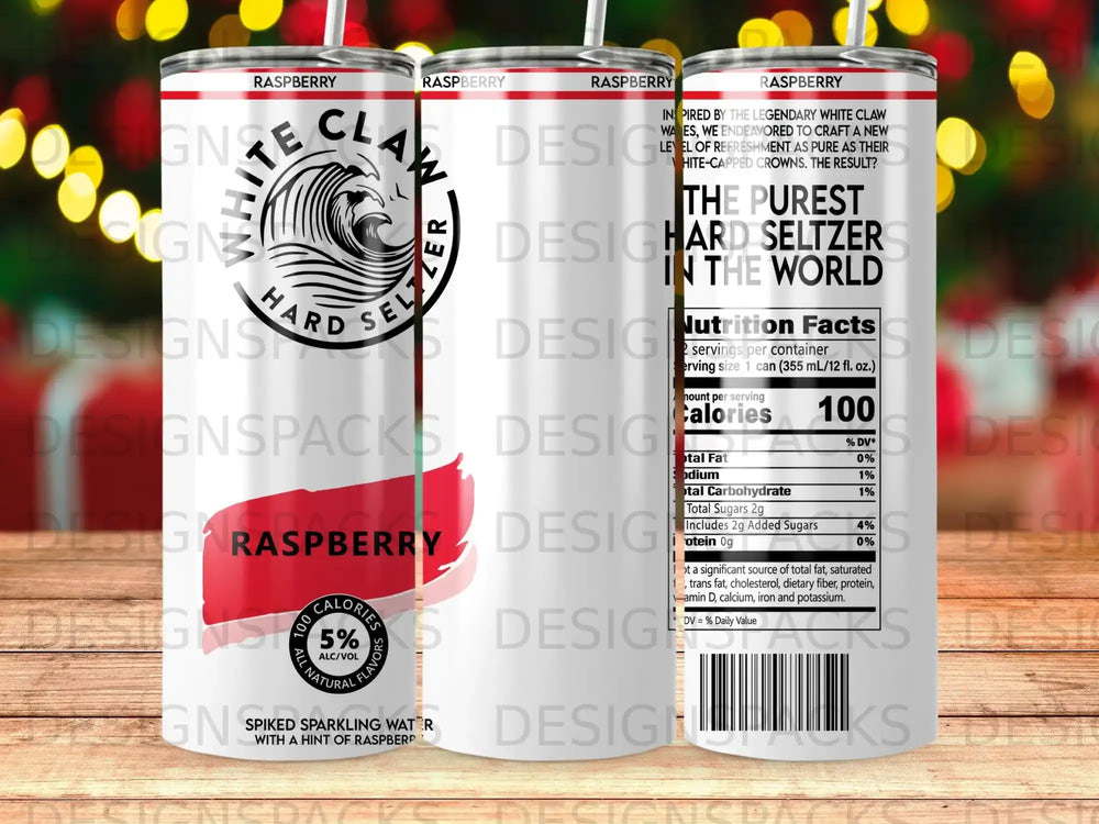 White Claw Raspberry hard seltzer can with nutrition facts and "The Purest Hard Seltzer" text.