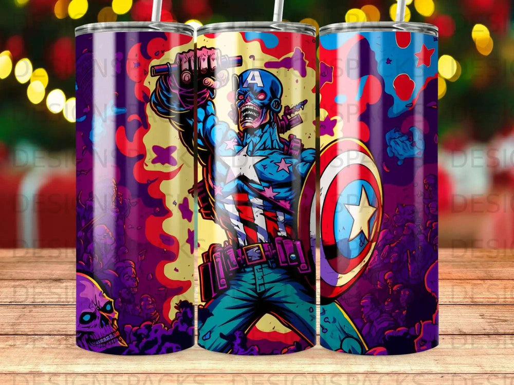 Captain America zombie character with shield and axe against a colorful background.